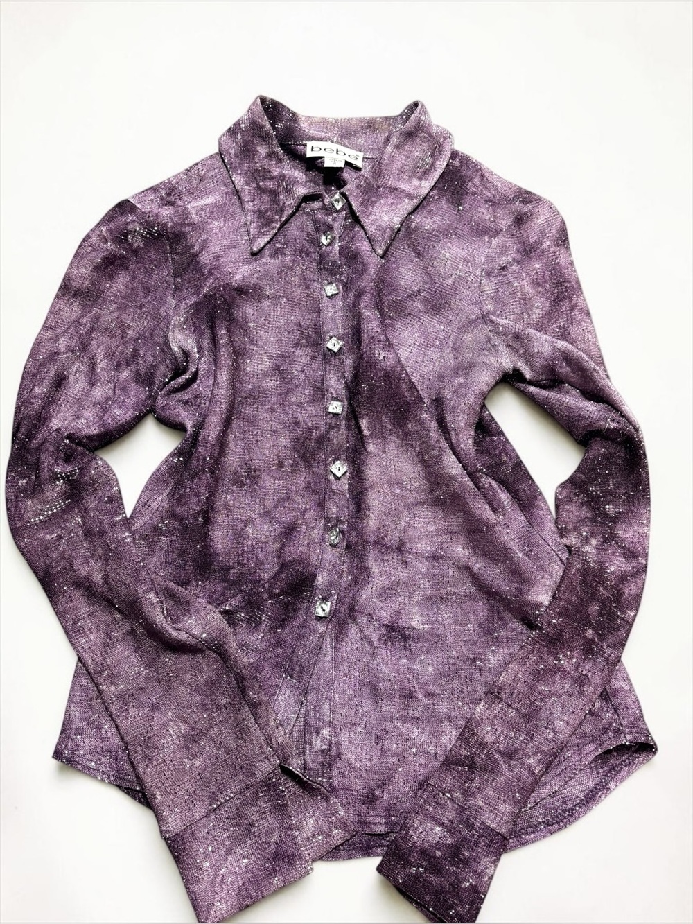 Y2K bebe Metallic Shimmer Purple Top Vintage Button-Front Glam Fairycore S